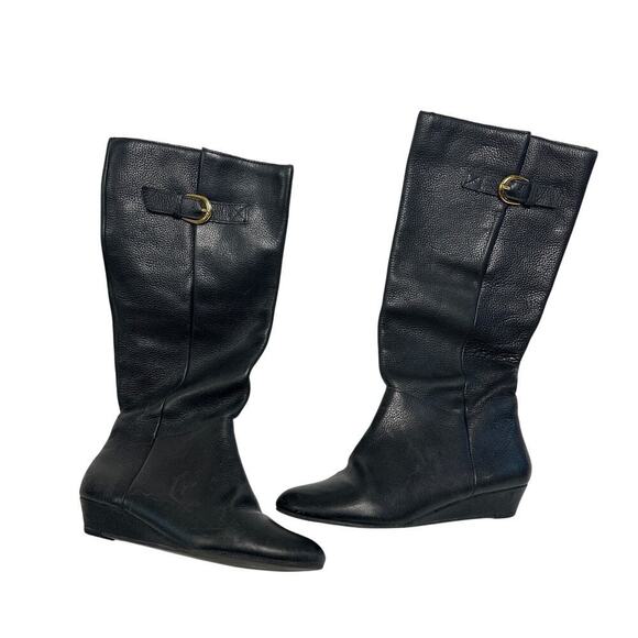 Steve Madden Size 6 Side Buckle Strap Mid Calf Wedge Heel Black Leather Boots - Picture 4 of 10